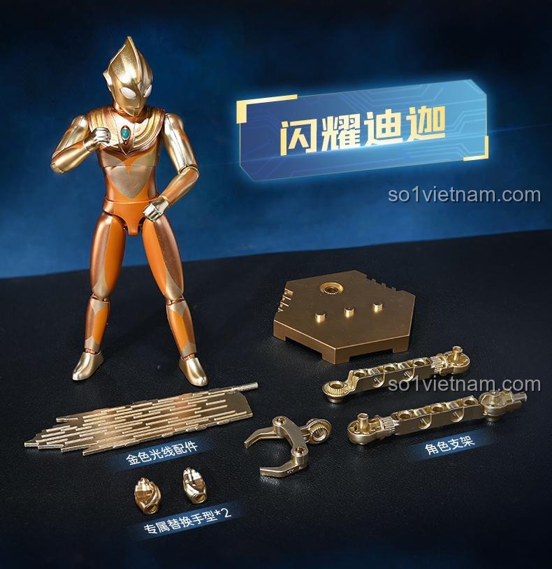 Chi tiết figure Glitter Tiga phiên bản vàng và phụ kiện đi kèm trong set Keeppley 75241.