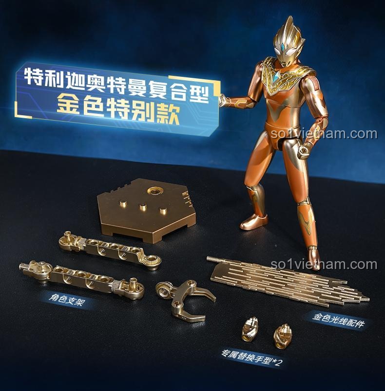 Chi tiết figure Ultraman Trigger Multi Type phiên bản vàng và phụ kiện đi kèm trong set Keeppley 75241.