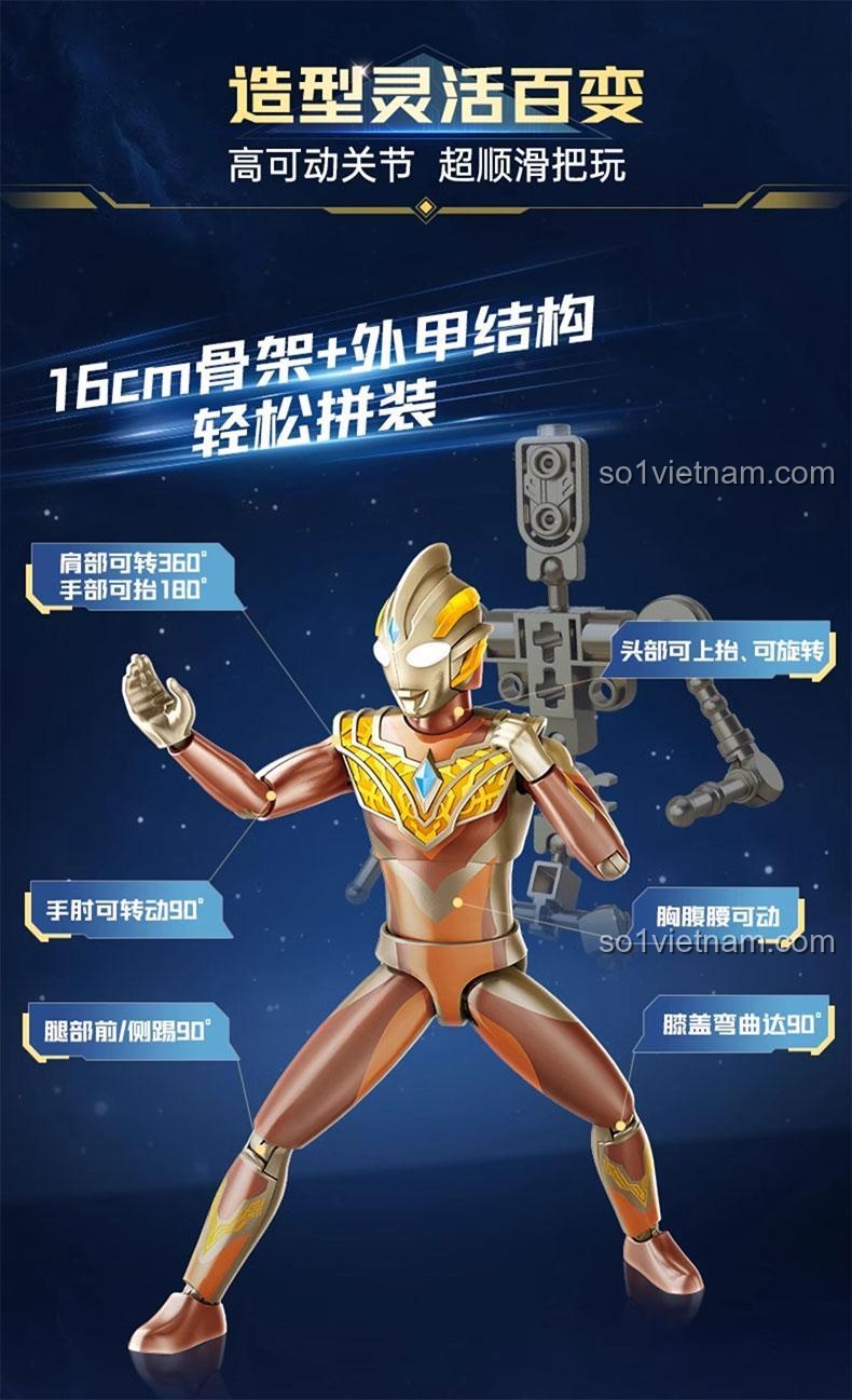 Sơ đồ các khớp nối linh hoạt của figure Ultraman cao 16cm trong bộ Keeppley 75241.
