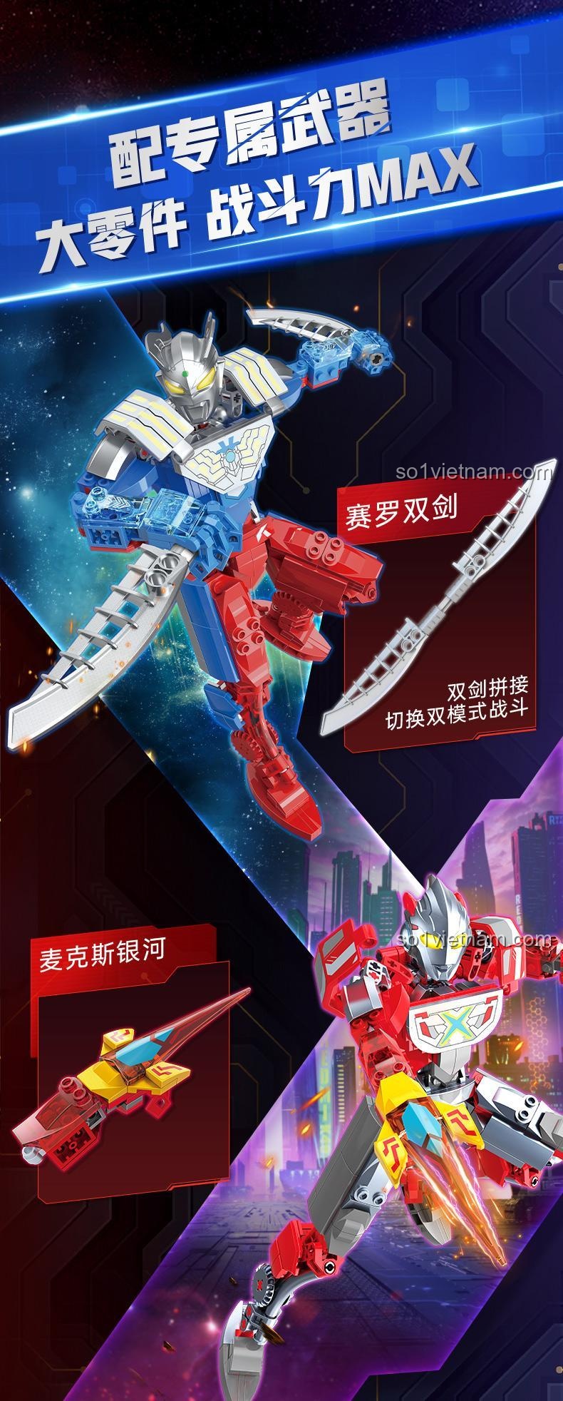 Mô hình Ultraman Zero Dimension Mech lắp ráp từ bộ Keeppley 75271 thể hiện các tư thế chiến đấu linh hoạt