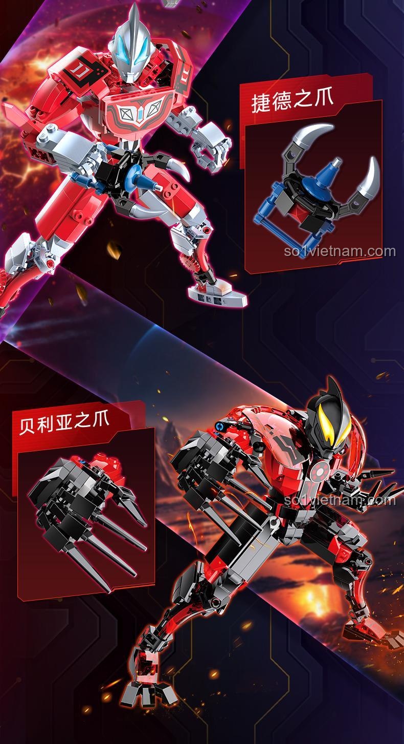 Chi tiết đầu và tay của mô hình Ultraman Zero Dimension Mech lắp ráp từ bộ Keeppley 75271