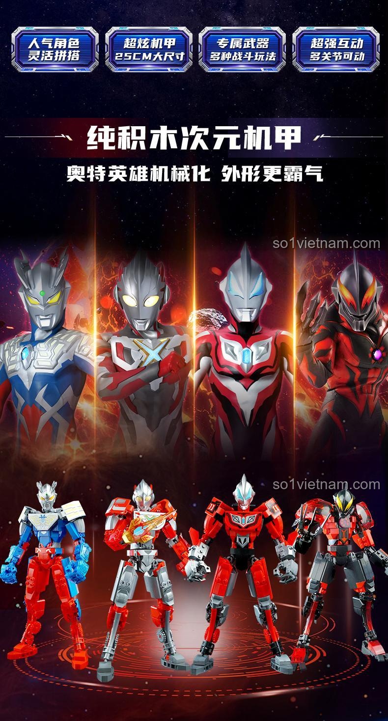 Mô hình Ultraman Zero Dimension Mech lắp ráp từ bộ Keeppley 75271, với các chi tiết màu xanh, đỏ, trắng, xám