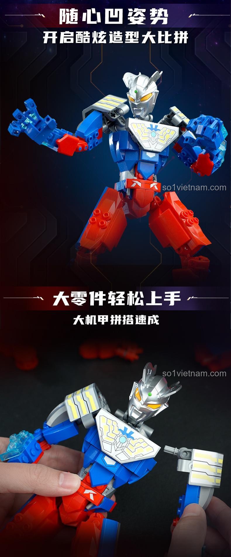 Cận cảnh cấu tạo chi tiết của mô hình Ultraman X Dimension Armor từ bộ Keeppley 75272, cho thấy các khớp nối và chi tiết nhỏ, đồ chơi lắp ráp