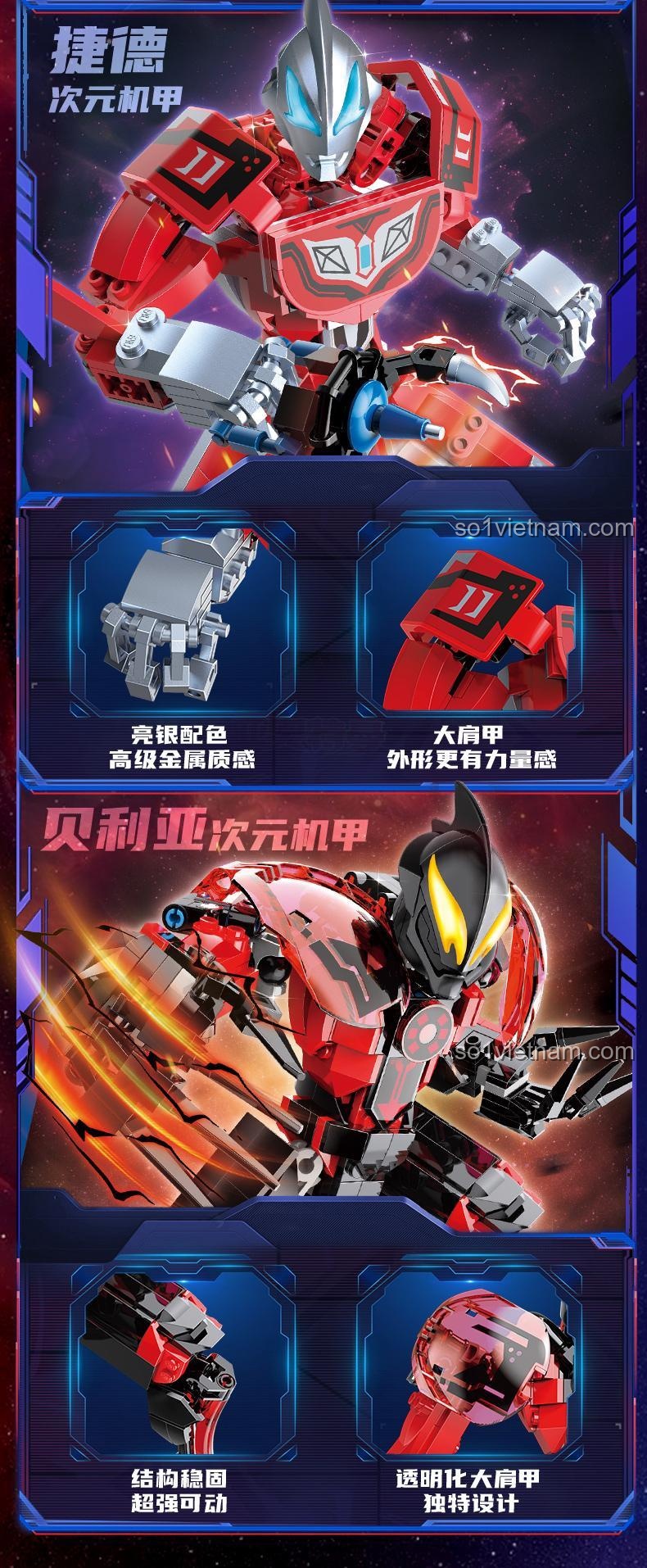 Mô hình Ultraman X Dimension Armor từ bộ Keeppley 75272 trong các tư thế chiến đấu khác nhau, thể hiện khả năng cử động linh hoạt, đồ chơi giáo dục