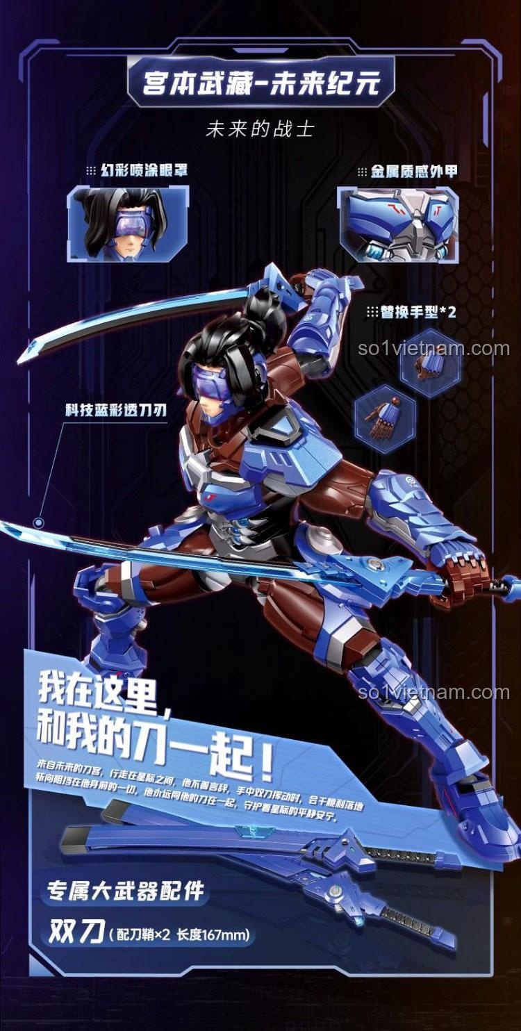 Chi tiết mô hình Mecha Miyamoto Musashi 78033, bộ lắp ghép Miyamoto Musashi Kỷ Nguyên Tương Lai với vũ khí kép, đồ chơi cho bé trai 8 tuổi