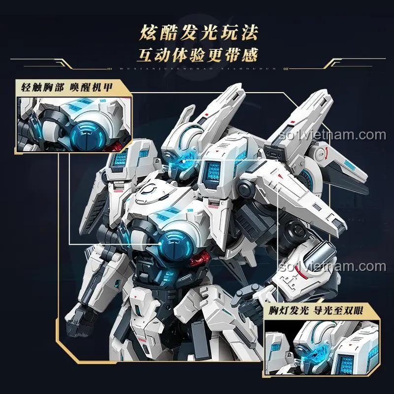 Chi tiết mô hình Xiahou Dun Mech Infinite Hurricane Keeppley 78050 với đèn LED ở ngực và mắt, đồ chơi lắp ráp robot