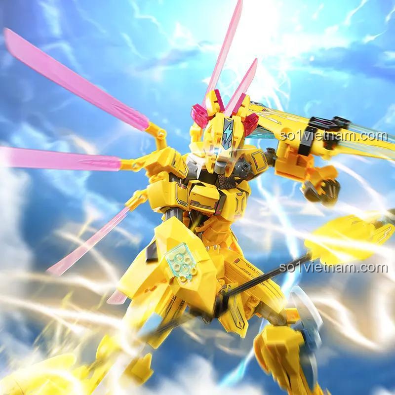 Robot Lôi Điểu Thần Keeppley 81014 đang chiến đấu, bộ lắp ghép robot mạnh mẽ, đồ chơi mô hình cho bé trai, robot màu vàng xanh nổi bật, 712 chi tiết