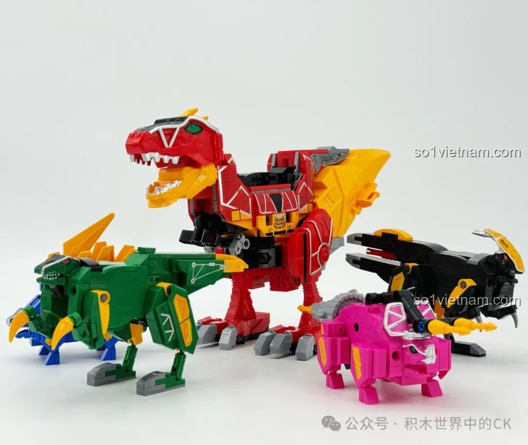 Keeppley 82001 Bạo Giảo Long và các chiến binh khủng long khác từ góc trên, thể hiện sự sắp xếp và chi tiết của từng mô hình.