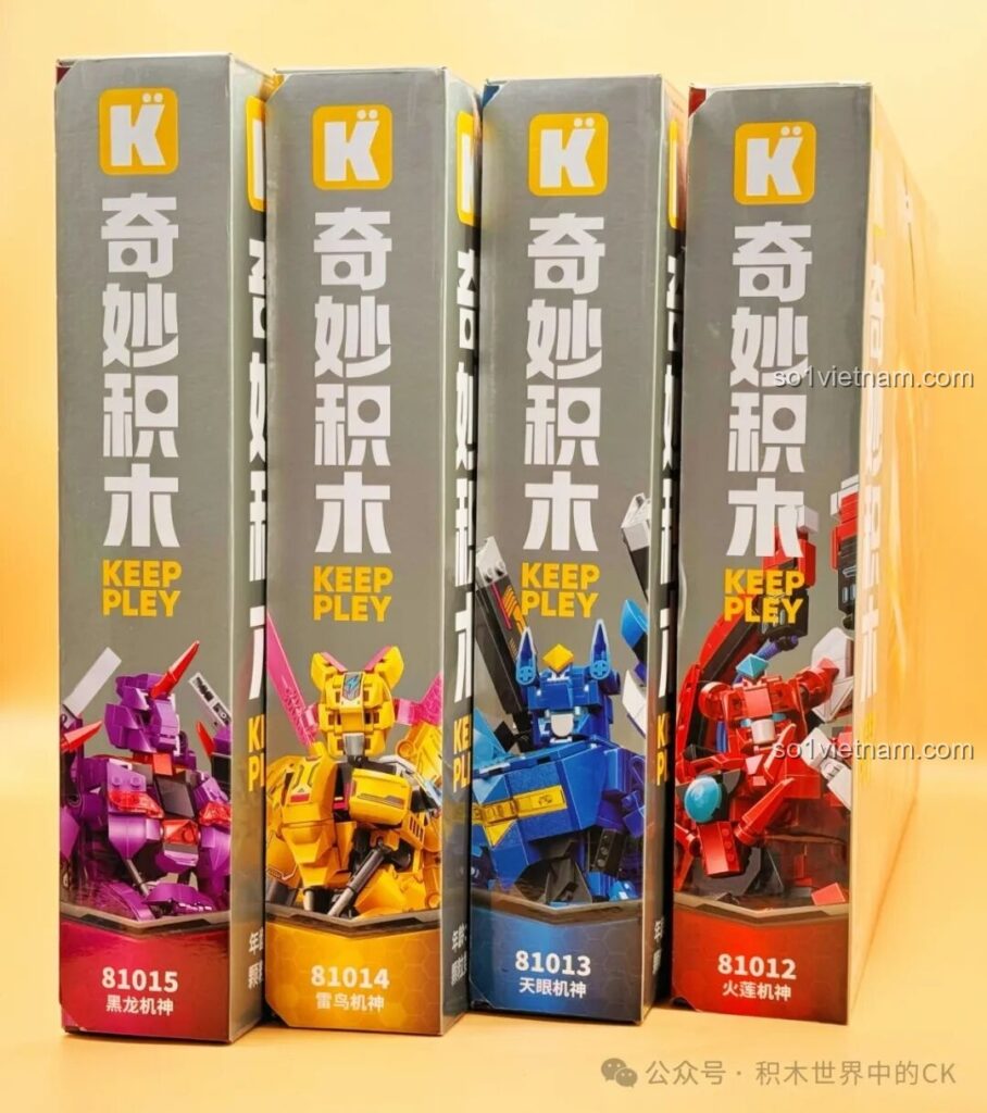 Các hộp sản phẩm Keeppley Hắc Long Cơ Thần, Hỏa Liên Cơ Thần, Thiên Nhãn Cơ Giáp, Lôi Điểu Cơ Thần