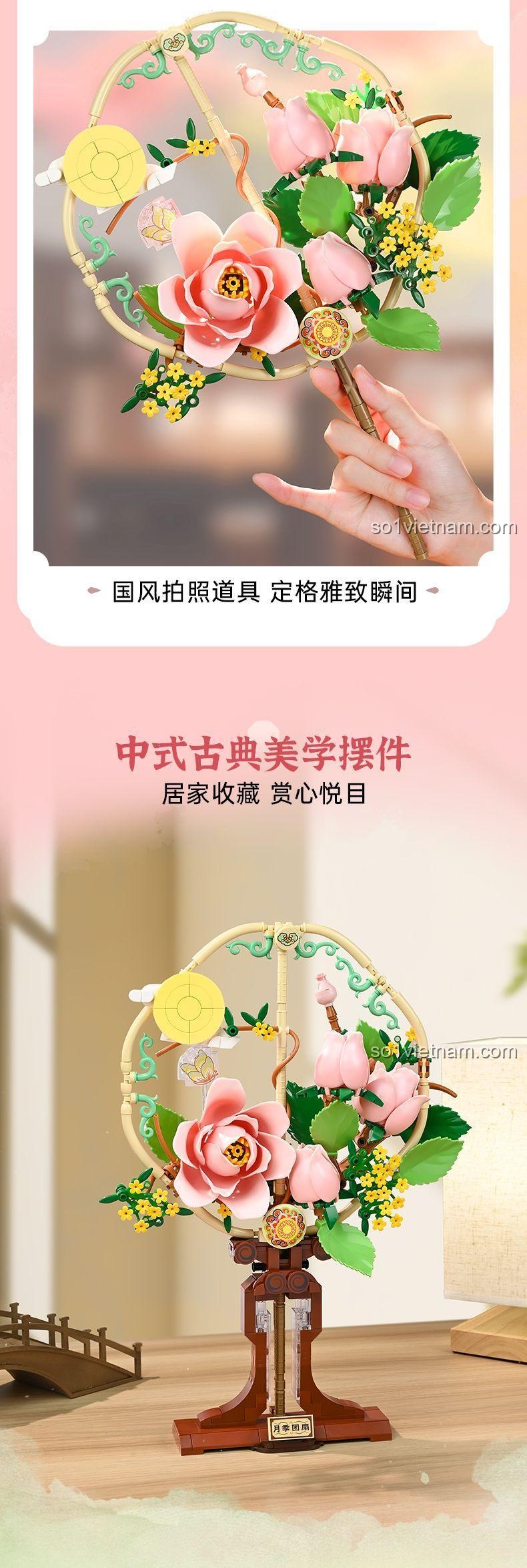 Cầm quạt tròn bộ lắp ghép Keeppley K10401 Nguyệt Quý Đoàn San trên tay, đồ chơi trang trí