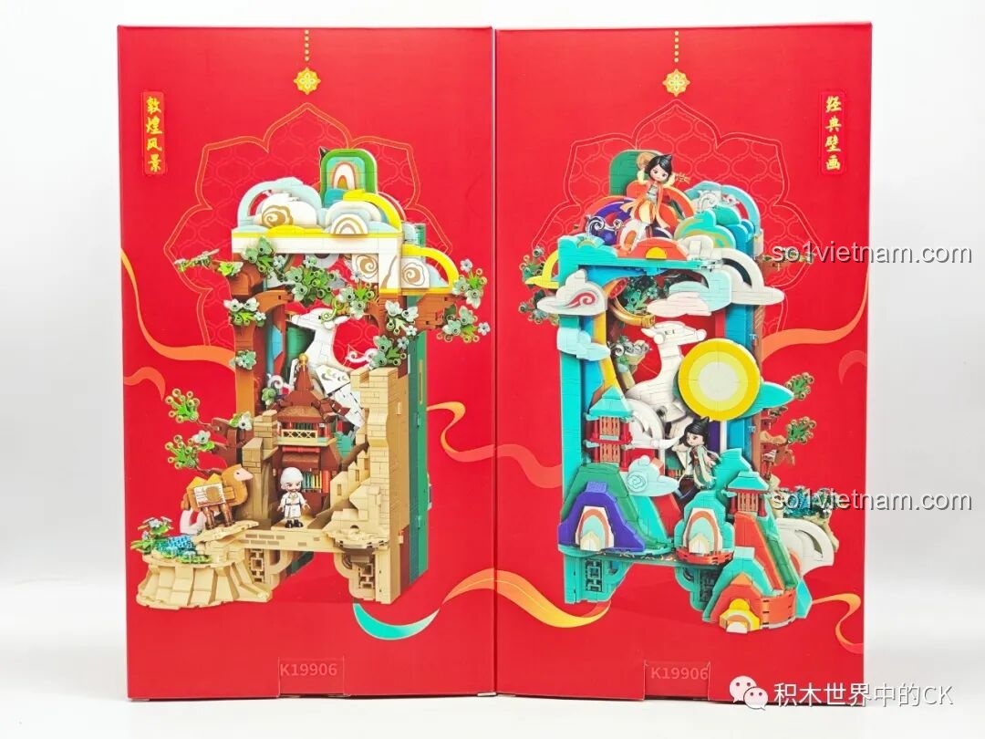 Hộp Keeppley K19906 Màn Hình Tranh Đôn Hoàng mở ra, hiển thị hai phần mô hình chính, tạo sự tò mò.