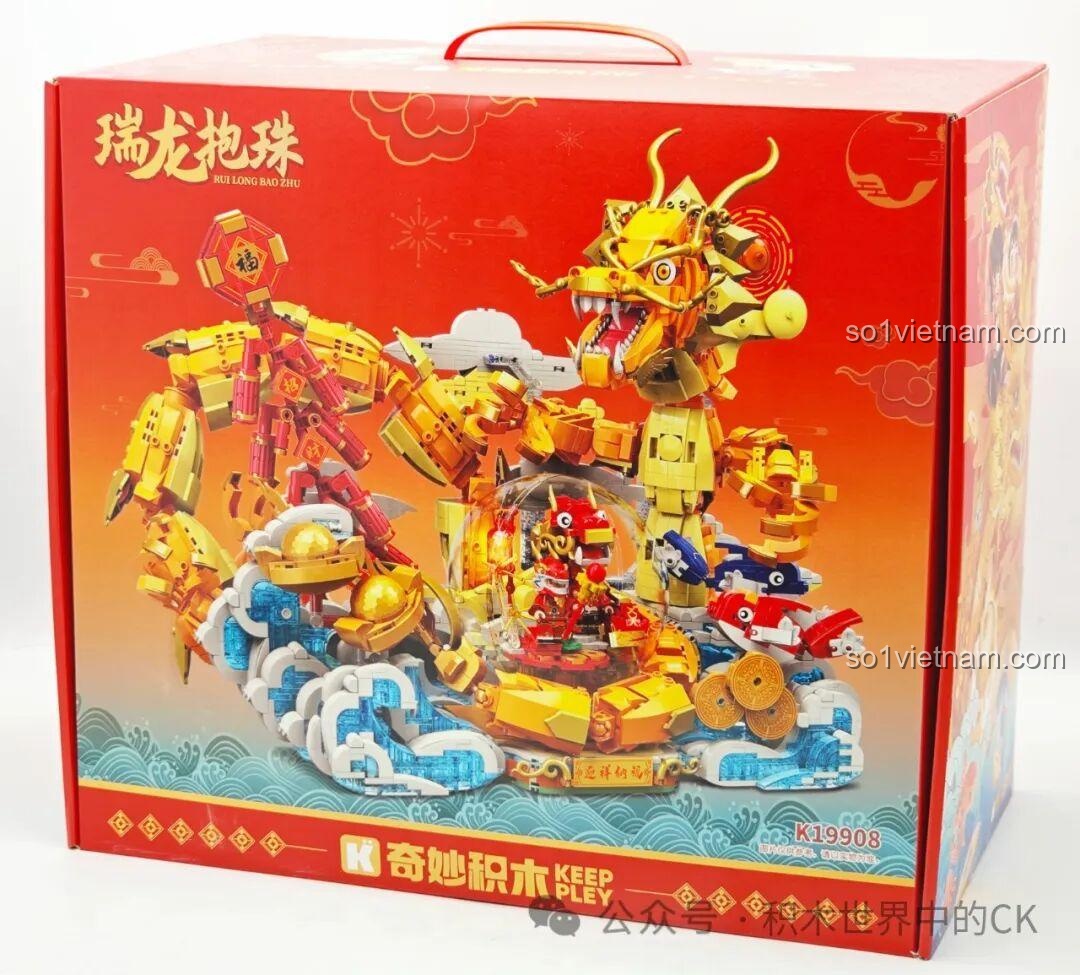 Hình ảnh hộp sản phẩm bộ đồ chơi Keeppley K19908, mô hình Rồng Vàng Ôm Ngọc hoành tráng.