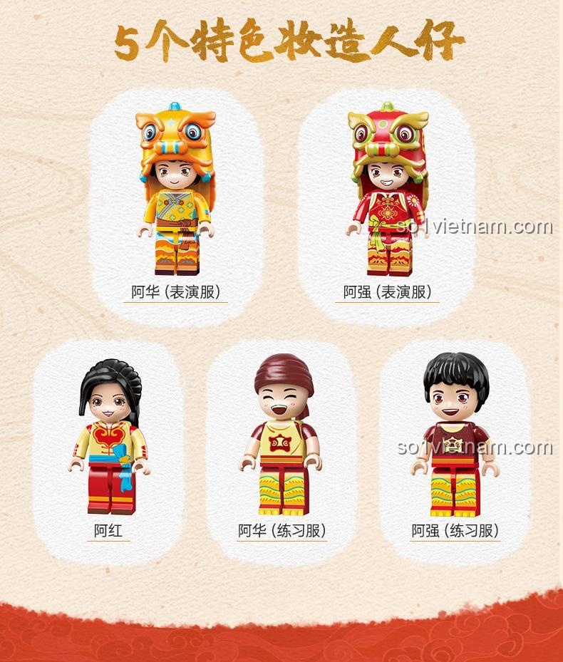 Các nhân vật minifigure đi kèm với mô hình Sư tử Trung Hoa Keeppley K19911