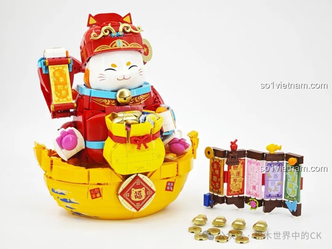 Phần đầu Mèo Chiêu Tài Keeppley K19913 với chiếc mũ đỏ và trang sức.