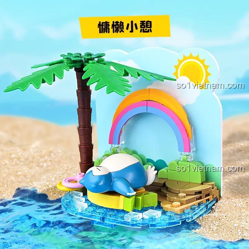 đồ chơi mô hình Snorlax nghỉ ngơi Keeppley K20224, cảnh biển mộng mơ với cầu vồng và cây dừa, bộ xếp hình cho bé 6 tuổi, giá rẻ