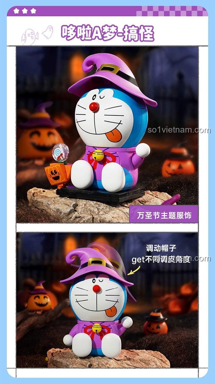 Chi tiết lắp ráp của bộ Doraemon: Halloween K20419 của Keeppley, cho thấy mũ phù thủy và trang phục