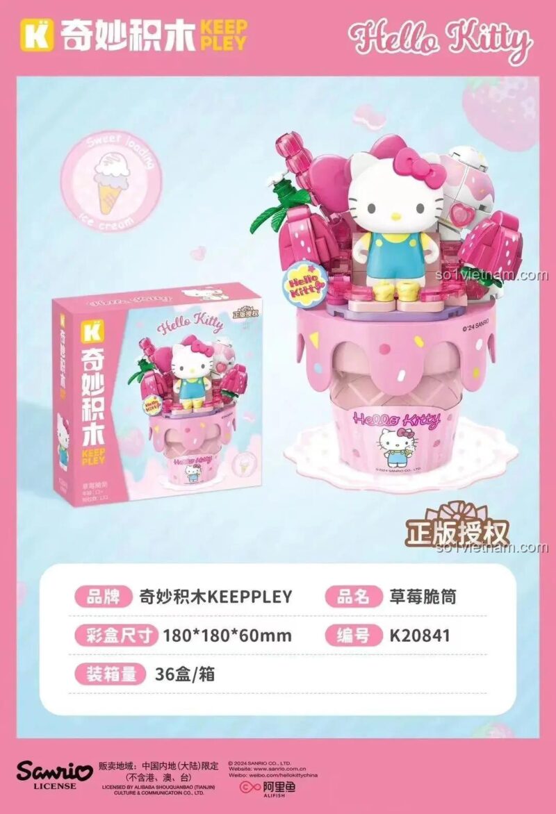 Thông tin chi tiết bộ xếp hình Keeppley K20841 Kem Ốc Quế Hello Kitty, mô tả sản phẩm, mã số K20841, vị dâu, dành cho bé gái 12 tuổi