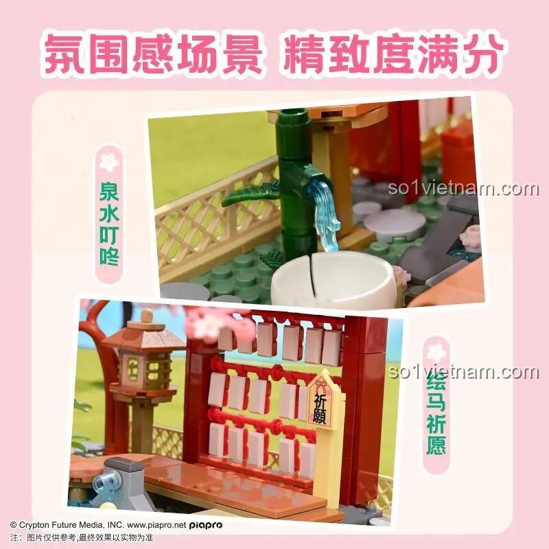 Cảnh quan chi tiết Keeppley K20901, suối nước, bảng cầu nguyện, tạo không gian thư giãn cho con gái 8 tuổi.