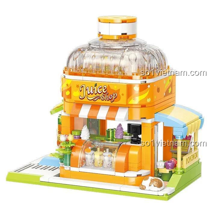 Mô hình Quán nước ép Mèo Béo Keeppley sau khi lắp ráp hoàn chỉnh. Bộ xếp hình K28017 với màu sắc tươi sáng, chi tiết tinh xảo.