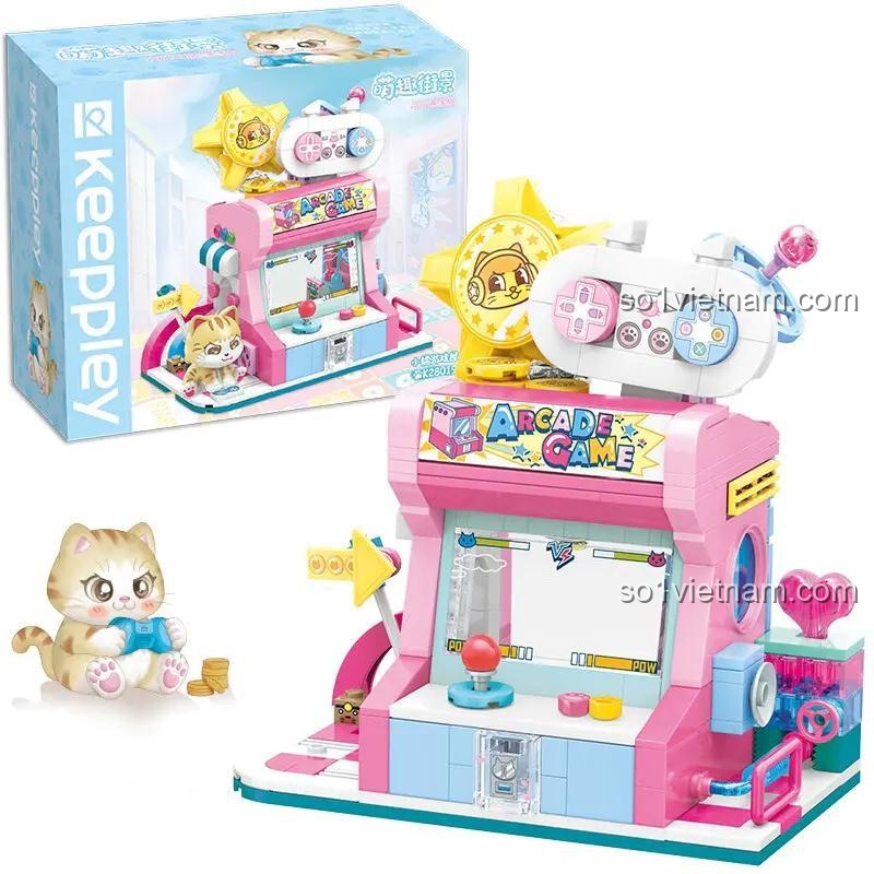 Trọn bộ sản phẩm và hộp Máy game arcade dễ thương K28019 của Keeppley.