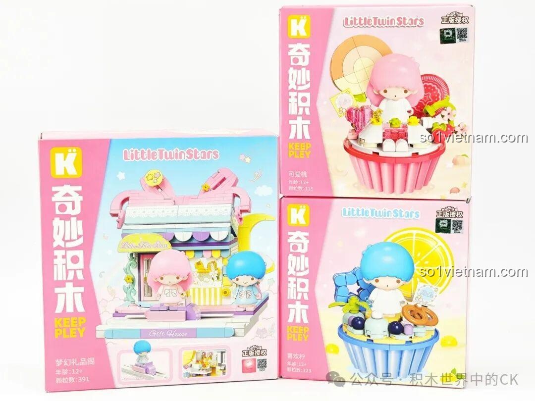 Các hộp sản phẩm Keeppley Little Twin Stars K20851 Ngôi nhà Quà tặng, K20852 Cà phê đào, K20853 Chanh yêu