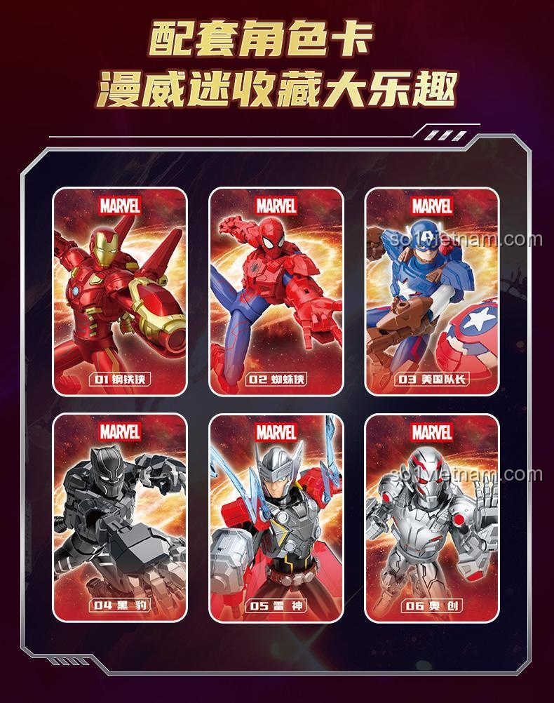 Hộp tổng hợp Keeppley Marvel 73070-73075, bao gồm các mô hình Iron Man, Spider-Man, Captain America, Thor, Black Panther, Ultron, đồ chơi lắp ghép siêu anh hùng Marvel cho bé trai 8 tuổi