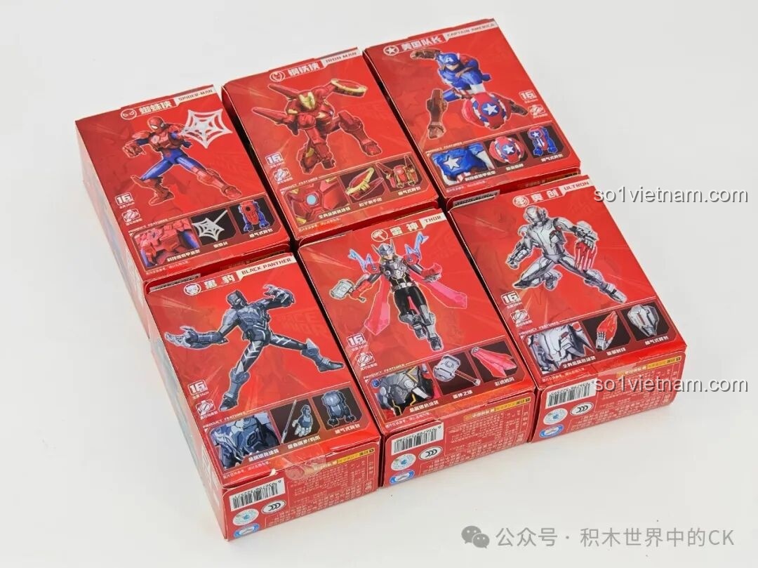 Các hộp nhỏ của bộ lắp ghép mô hình siêu anh hùng Marvel Keeppley nhìn từ trên xuống