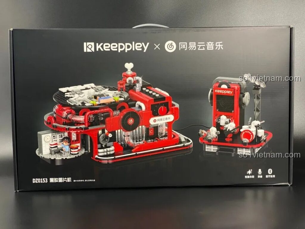 Hộp sản phẩm Keeppley x NetEase Music Vinyl Record Player với hình ảnh máy hát đĩa than và loa