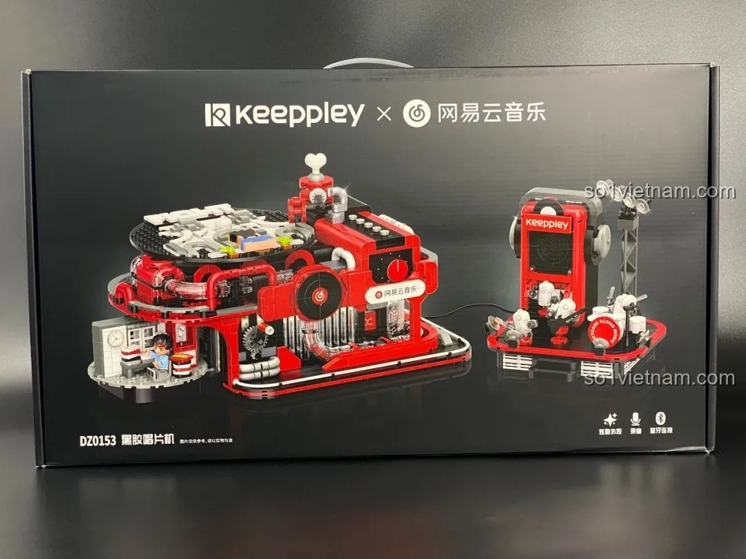 Hộp sản phẩm Keeppley x NetEase Music Vinyl Record Player với hình ảnh máy hát đĩa than và loa