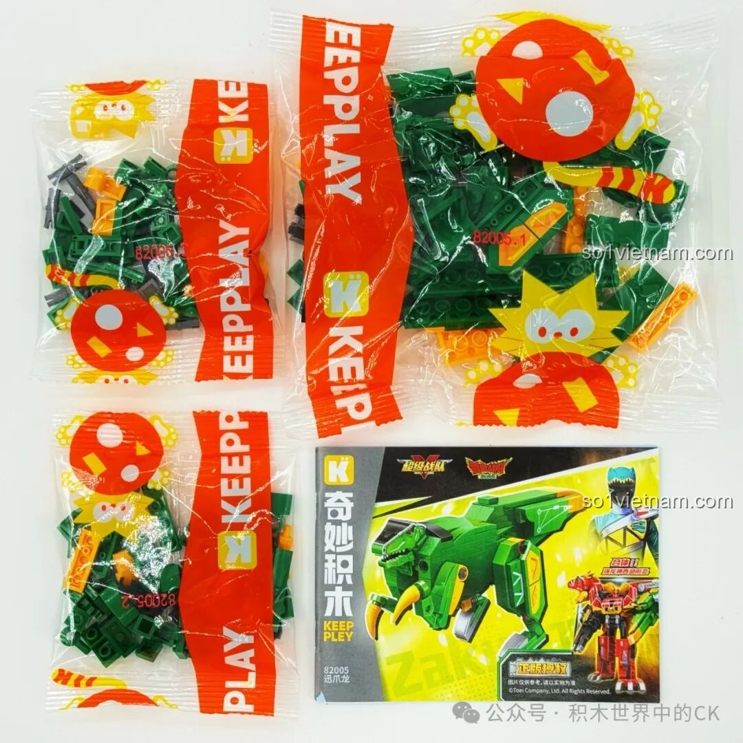 Các túi mảnh ghép và sách hướng dẫn của Keeppley Tấn Trảo Long 82005 màu xanh lá.