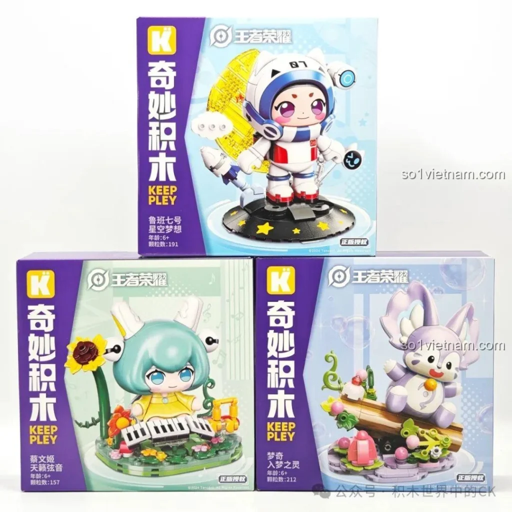 Ba hộp đồ chơi lắp ráp Keeppley Vương Giả Vinh Diệu K21107 Lỗ Ban Thất Hào, K21108 Thái Văn Cơ, K21109 Mộng Kỳ với hình ảnh nhân vật đáng yêu.