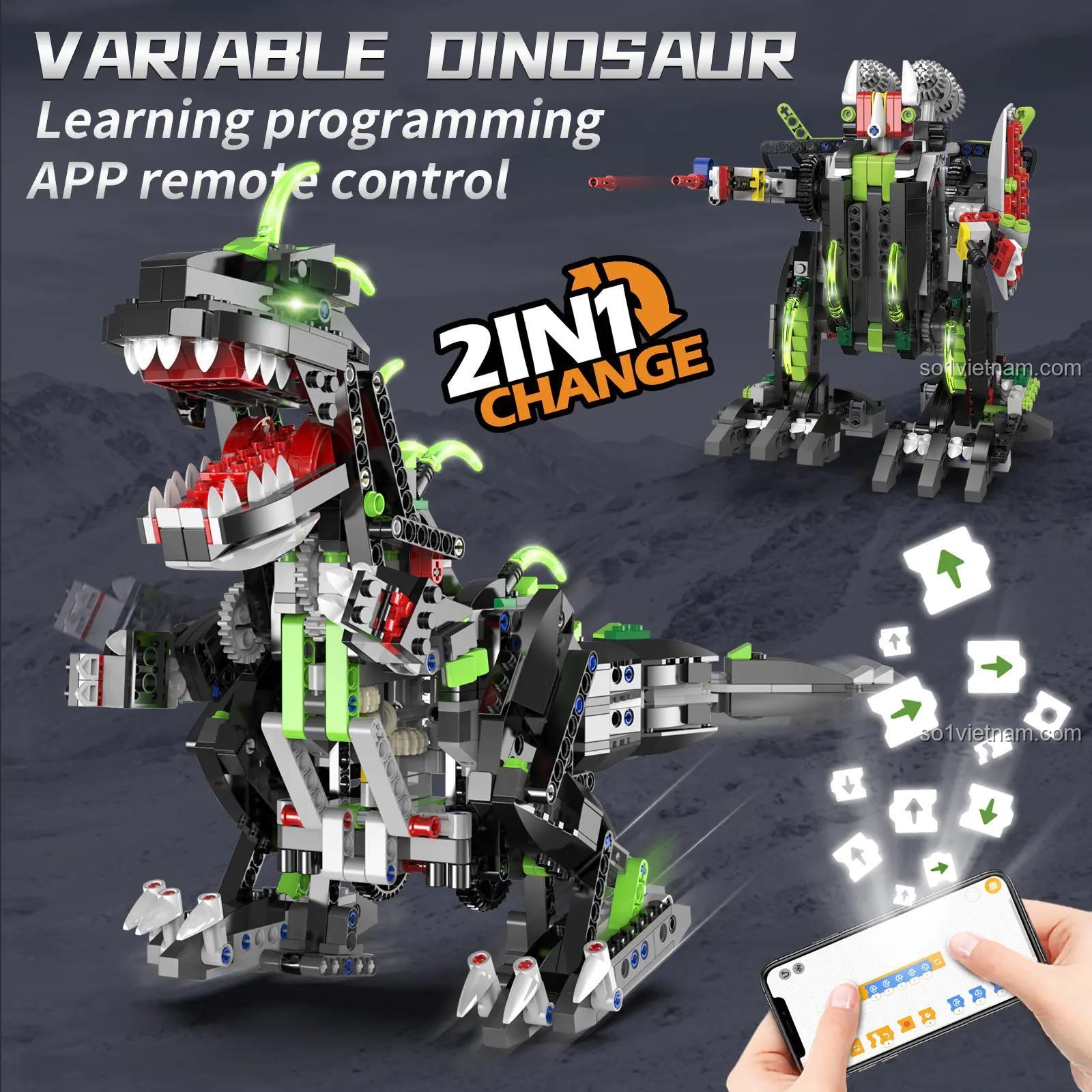 STEM toy Khủng Long Điều Khiển Từ Xa K96114, đồ chơi giáo dục Robot Lập Trình KeeYee World, giúp bé trai 6 tuổi học lập trình qua điện thoại.