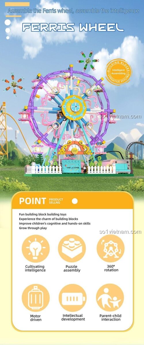Đồ chơi mô hình Vòng Quay Ferris KeeYee World K96159, hộp sản phẩm với thiết kế công viên giải trí, giá rẻ cho bé gái 6 tuổi.