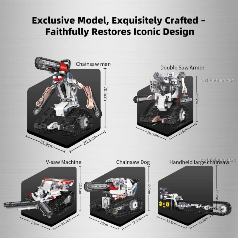 Kích thước chi tiết các mẫu Robot Lắp Ráp 5 Trong 1 KeeYee World K96169, đồ chơi lắp ráp 5 trong 1 cho bé trai 6 tuổi.