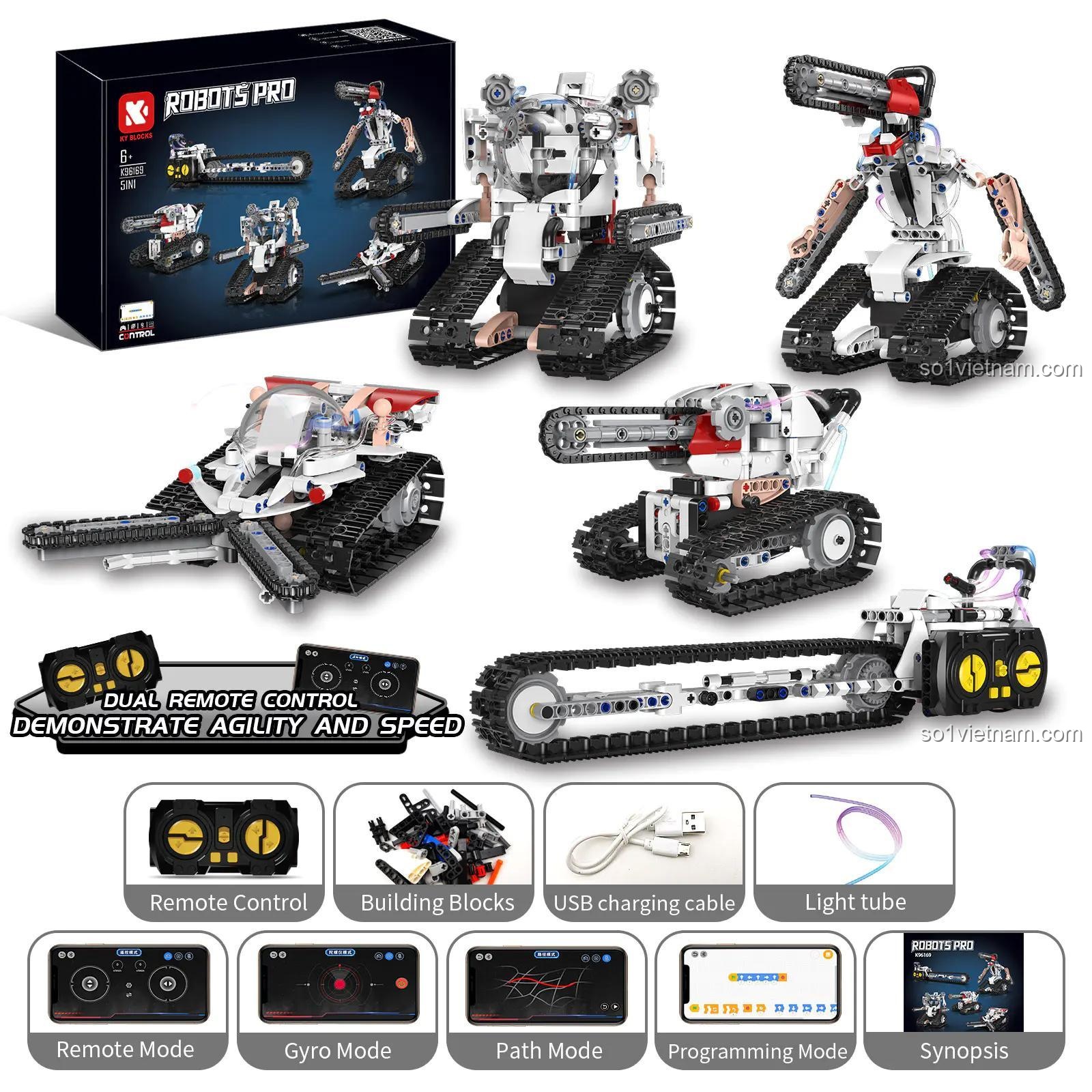 KeeYee World K96169, robot biến hình 5 trong 1, điều khiển từ xa, lập trình được, có đèn LED, giá tốt cho bé trai 6 tuổi.