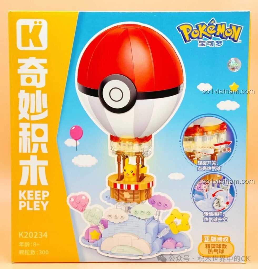 Hộp sản phẩm Khinh Khí Cầu Poké Ball K20234 của Keeppley với hình ảnh minh họa Pikachu và khinh khí cầu