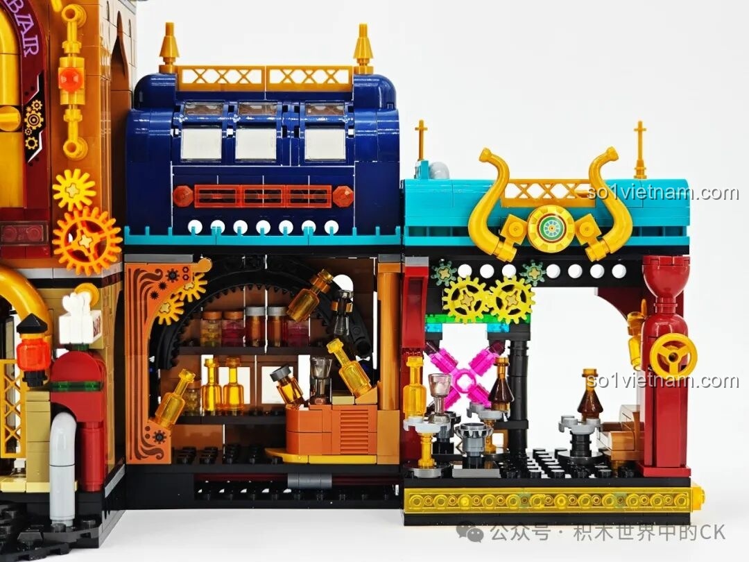 Khu vực quầy bar của mô hình ZHEGAO 958013 với rất nhiều chai lọ, ly tách được tái hiện sinh động.