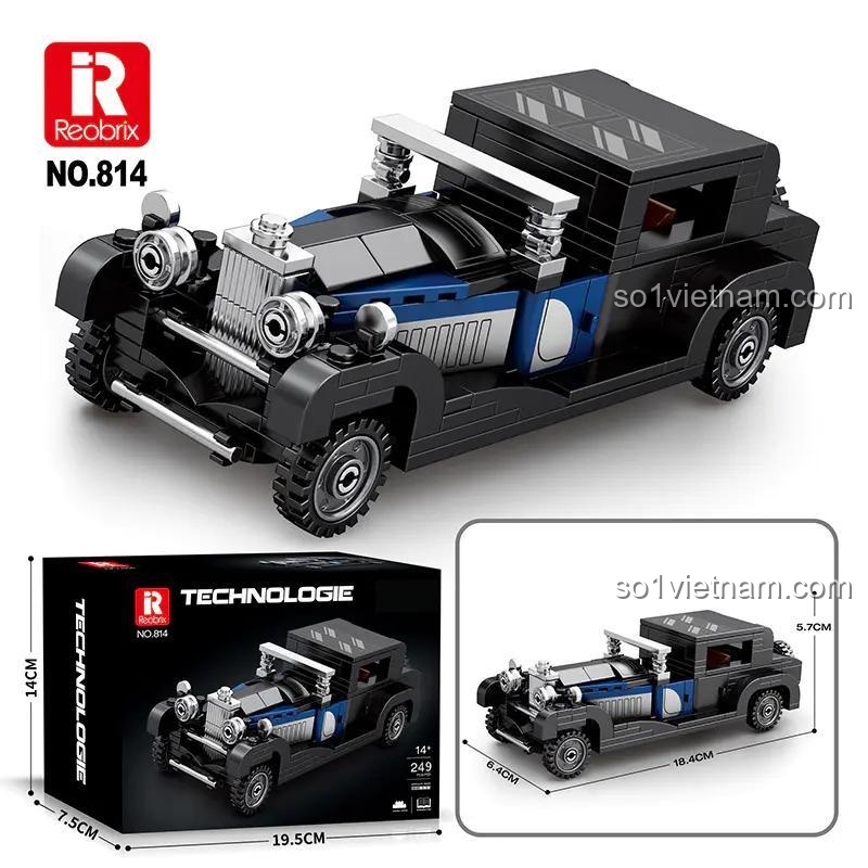 Kích thước hộp và mô hình Bugatti Type 41 Royale, bộ lắp ghép Reobrix 814, xe cổ màu đen xanh dương, 249 mảnh, độ tuổi 14+