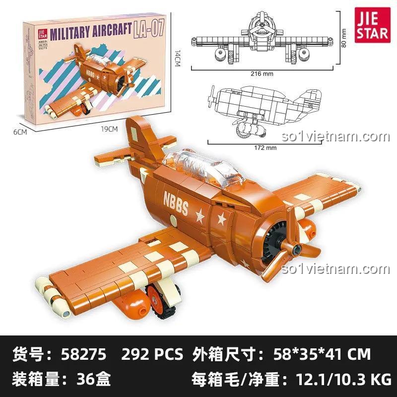 Kích thước chi tiết của bộ xếp hình 58275 Máy bay quân sự LA-07, dài 21.6cm, rộng 17.2cm.