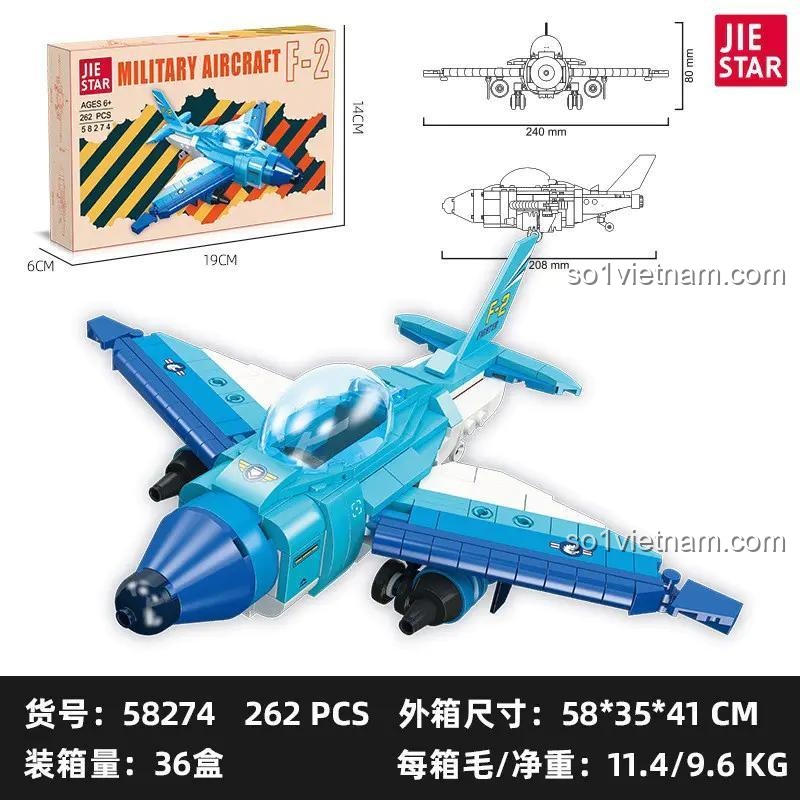 Ảnh thể hiện kích thước chi tiết của bộ lắp ráp JIESTAR 58274. Mô hình máy bay F-2 sau khi hoàn thành dài 20.8cm, rộng 24cm và cao 8cm. Kích thước hộp là 19x14x6cm.