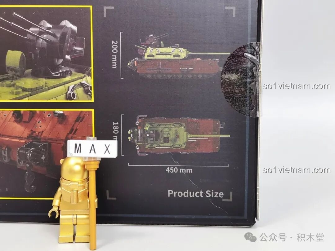 Thông số kích thước mô hình xe tăng Maus 12GO 98002 (45x18x20cm) và số chi tiết (3339) trên hộp sản phẩm.