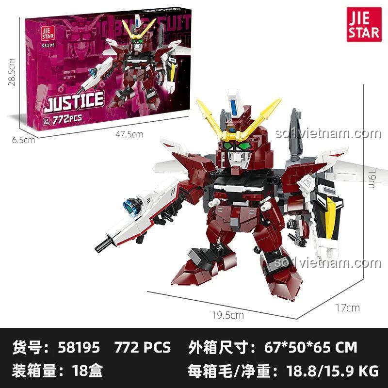 Kích thước mô hình Robot Justice JIESTAR 58195: 19.5x17x19cm, hộp 47.5x6.5x28.5cm, 772 mảnh ghép, đồ chơi cho bé trai 6 tuổi