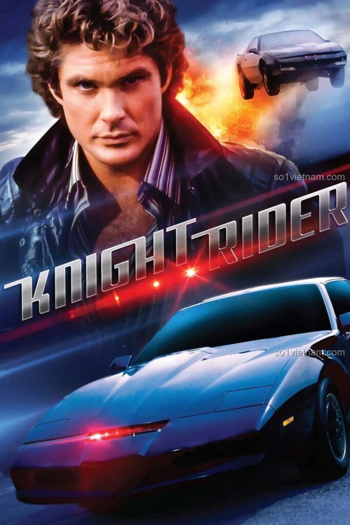 Poster phim Knight Rider với David Hasselhoff và siêu xe Pontiac Firebird KITT đen, gợi nhớ ký ức tuổi thơ về huyền thoại tốc độ.