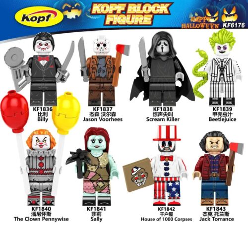 Minifigure Billy trong trang phục tuxedo đen, nơ đỏ, cầm micro, với quả bóng đỏ và vàng bên cạnh. Phù hợp cho trẻ 14 tuổi, đồ chơi giáo dục, figure kinh dị.