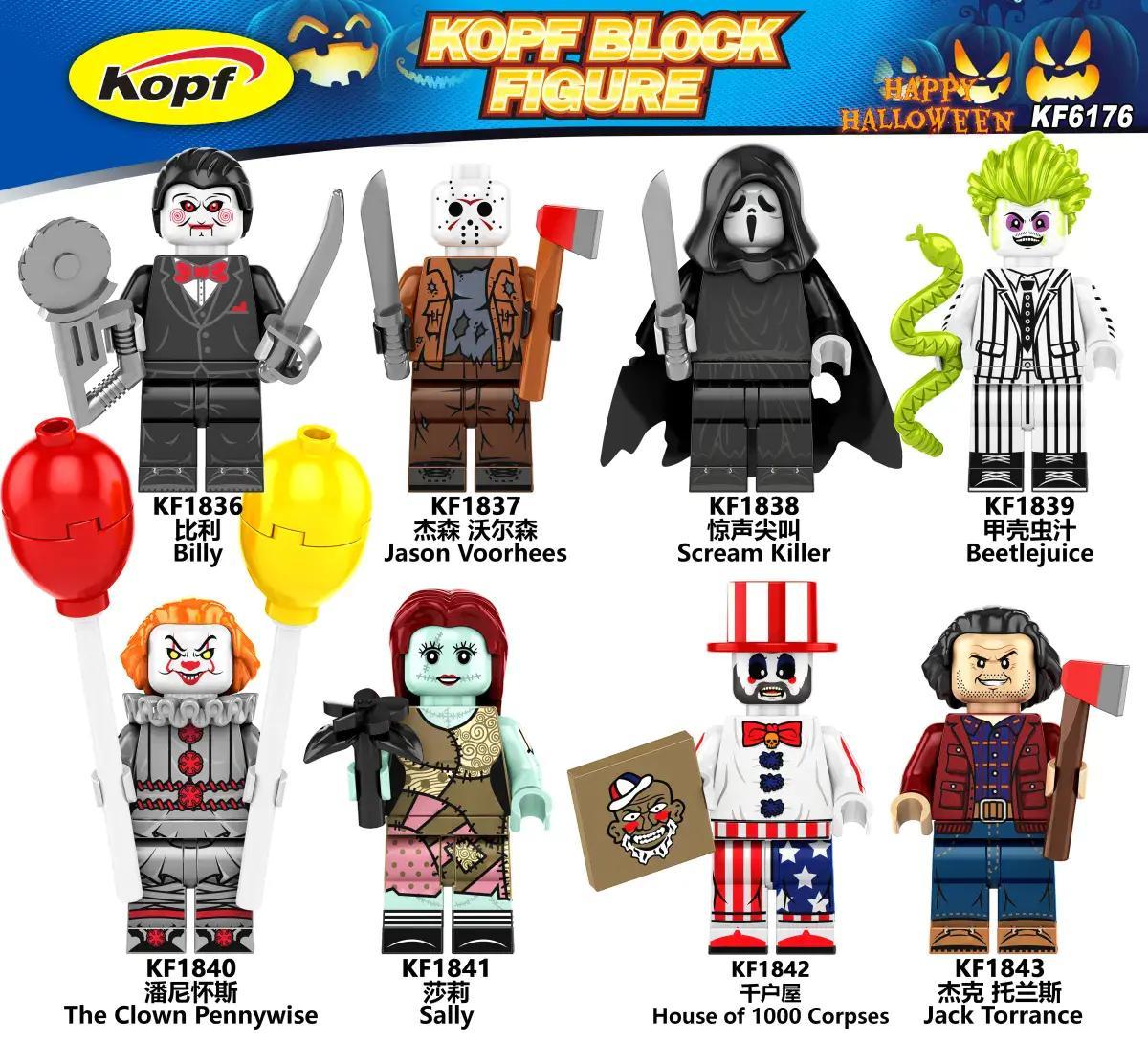 Minifigure Billy trong trang phục tuxedo đen, nơ đỏ, cầm micro, với quả bóng đỏ và vàng bên cạnh. Phù hợp cho trẻ 14 tuổi, đồ chơi giáo dục, figure kinh dị.