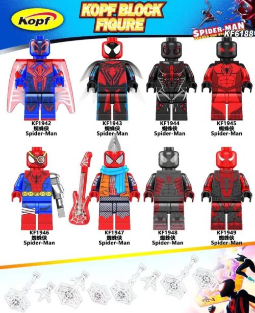 Bộ đồ chơi Người Nhện Du Hành Vũ Trụ Nhện Kopf KF1942 giá tốt cho bé trai 6 tuổi, bộ 8 minifigure Người Nhện đa vũ trụ chất lượng cao.