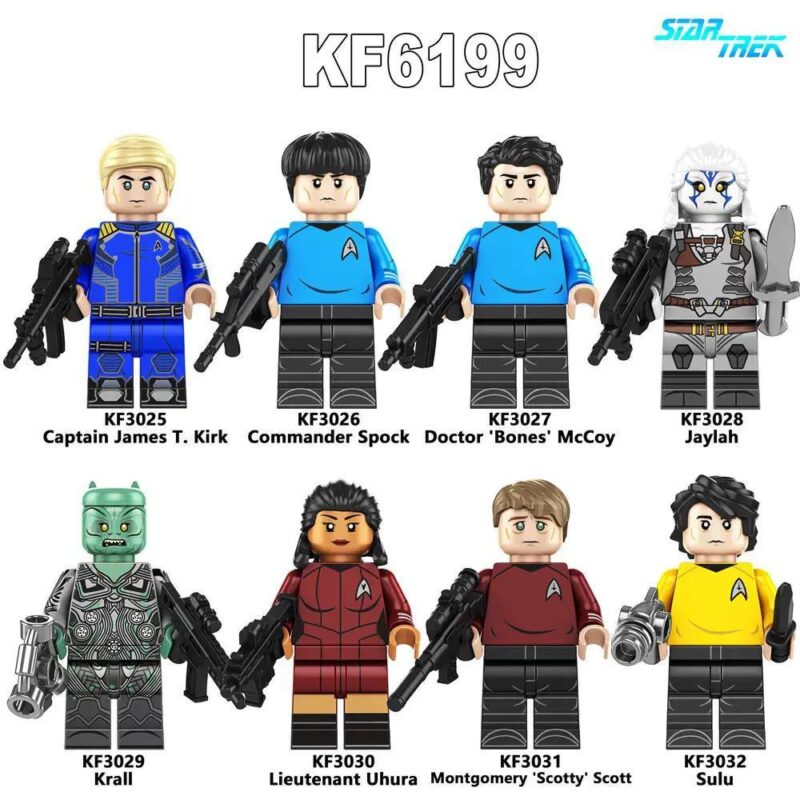 Bộ 8 minifigure Star Trek KF6199 của hãng Kopf, bao gồm Captain James T. Kirk, Commander Spock, Doctor 'Bones' McCoy, Jaylah, Krall, Lieutenant Uhura, Montgomery 'Scotty' Scott, và Sulu. Đồ chơi lắp ghép cho bé 6 tuổi.