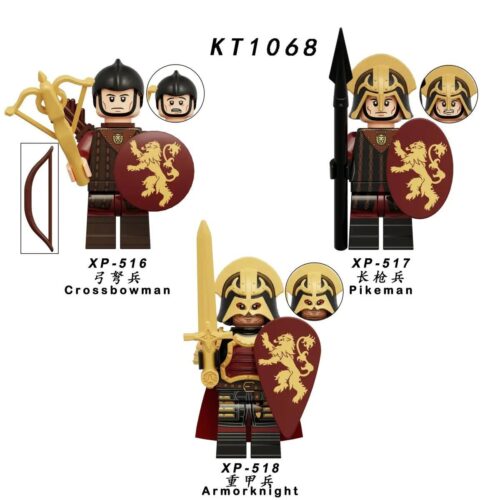 Bộ đồ chơi Lính Lannister KORUIT KT1068 giá tốt cho bé trai 8 tuổi, mô tả 3 minifigure chiến binh dũng mãnh với vũ khí và khiên.