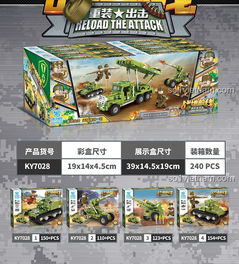 Chi tiết bộ lắp ghép KUYU MOXING KY7028, mô hình Pháo Chống Tăng MSG Scorpion và Xe Tăng T70, đồ chơi quân sự phát triển tư duy cho bé trai 6 tuổi.