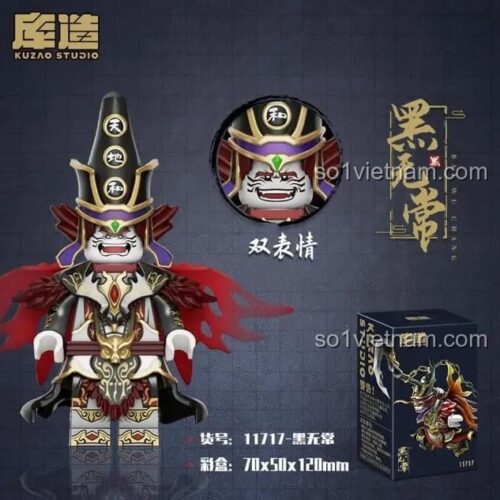 Bộ đồ chơi Kuzao 11717 Hắc Vô Thường với hộp sản phẩm và kích thước, minifigure thần thoại Trung Hoa cho bé trai.